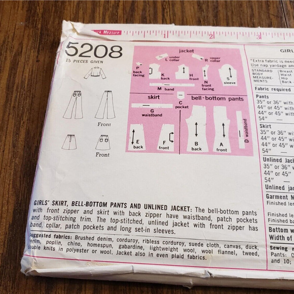 Simplicity 5208 Girl Skirt Unlined Jacket Bell-Bottom Pants Child 14 CUT - Picture 3 of 6